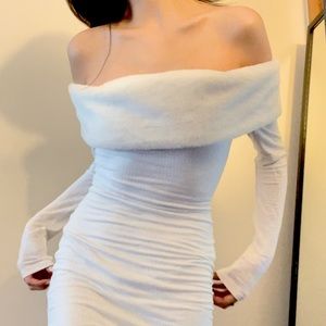 White bodycon long sleeve midi dress with off shoulder faux fur